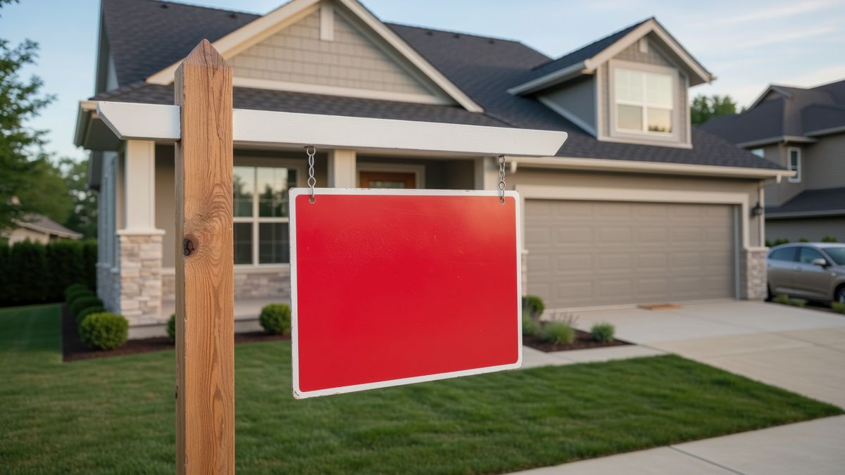 A house with a sign on the front lawn