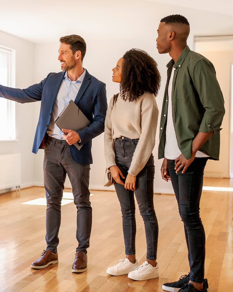 Un agent immobilier faisant visiter un appartement à un jeune couple