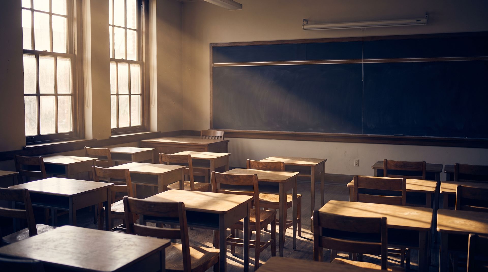 An empty classroom in late afternoon, sunlight falling across rows of wooden desks
