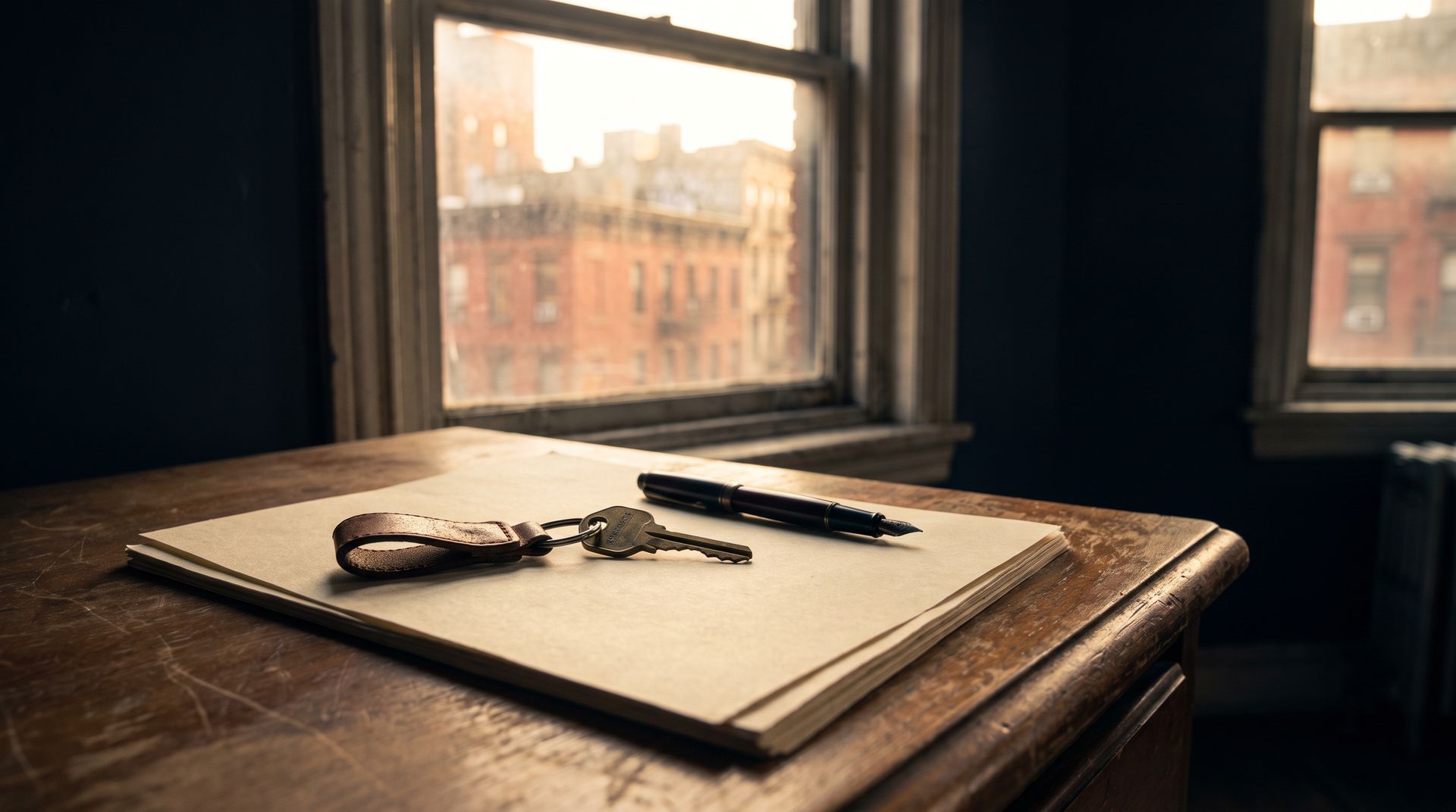 House keys on a leather fob resting on blank paper beside a fountain pen, on a desk by a window