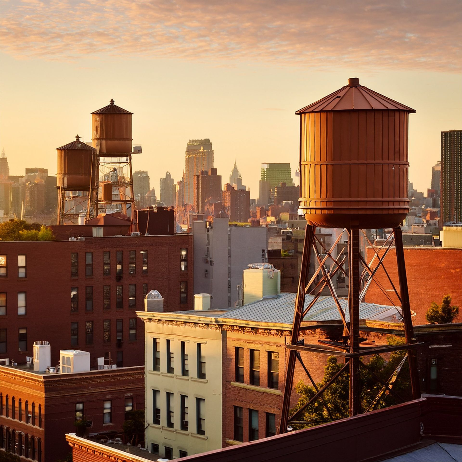 Queens rooftops and water towers in late day light, looking across a residential block